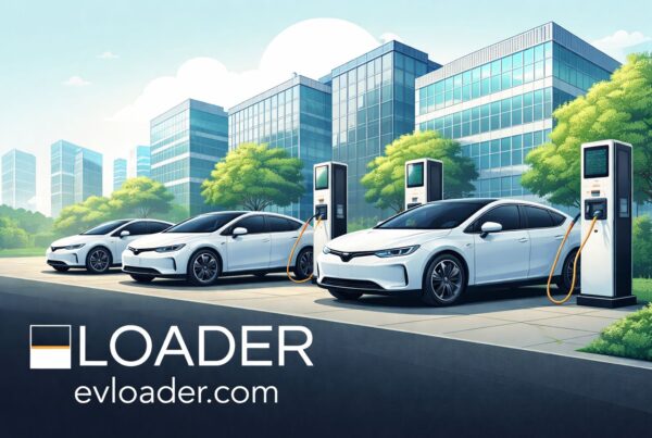 company fleet parked outside of office. Electric cars